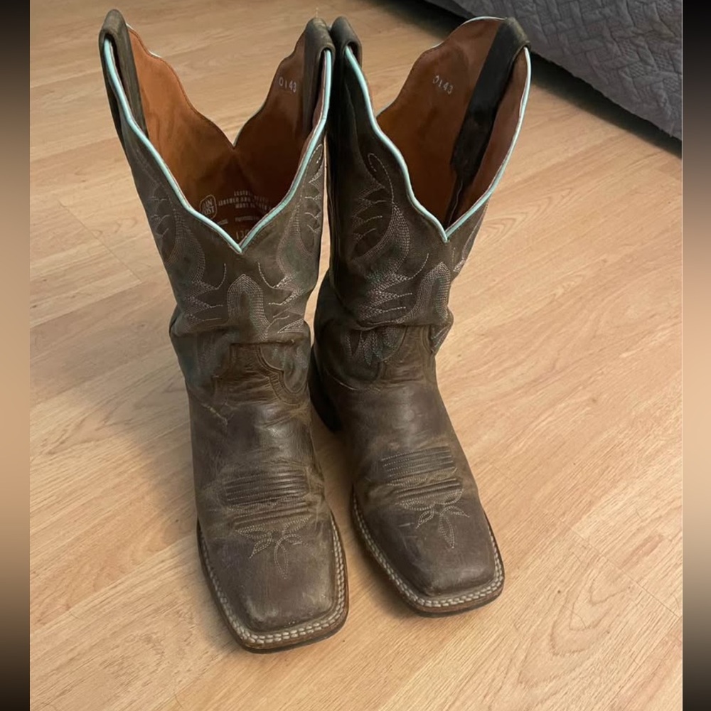 Dan Post Charcoal Leather Cowboy Boots with Turquoise Trim